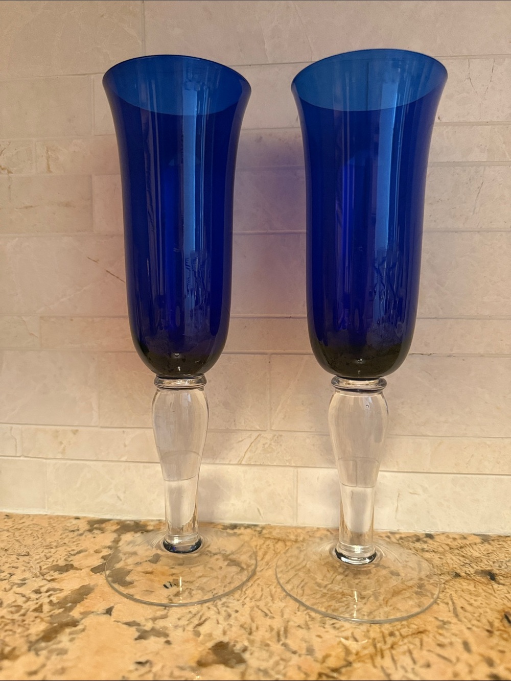 Pair of Cobalt Blue Glass Champagne Flutes - Glasses Elegant Stemware